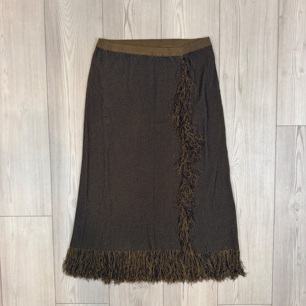 NWT J.Crew Fringe Trim Knit Midi Skirt Brown Navy Textured AO673 Women's Medium